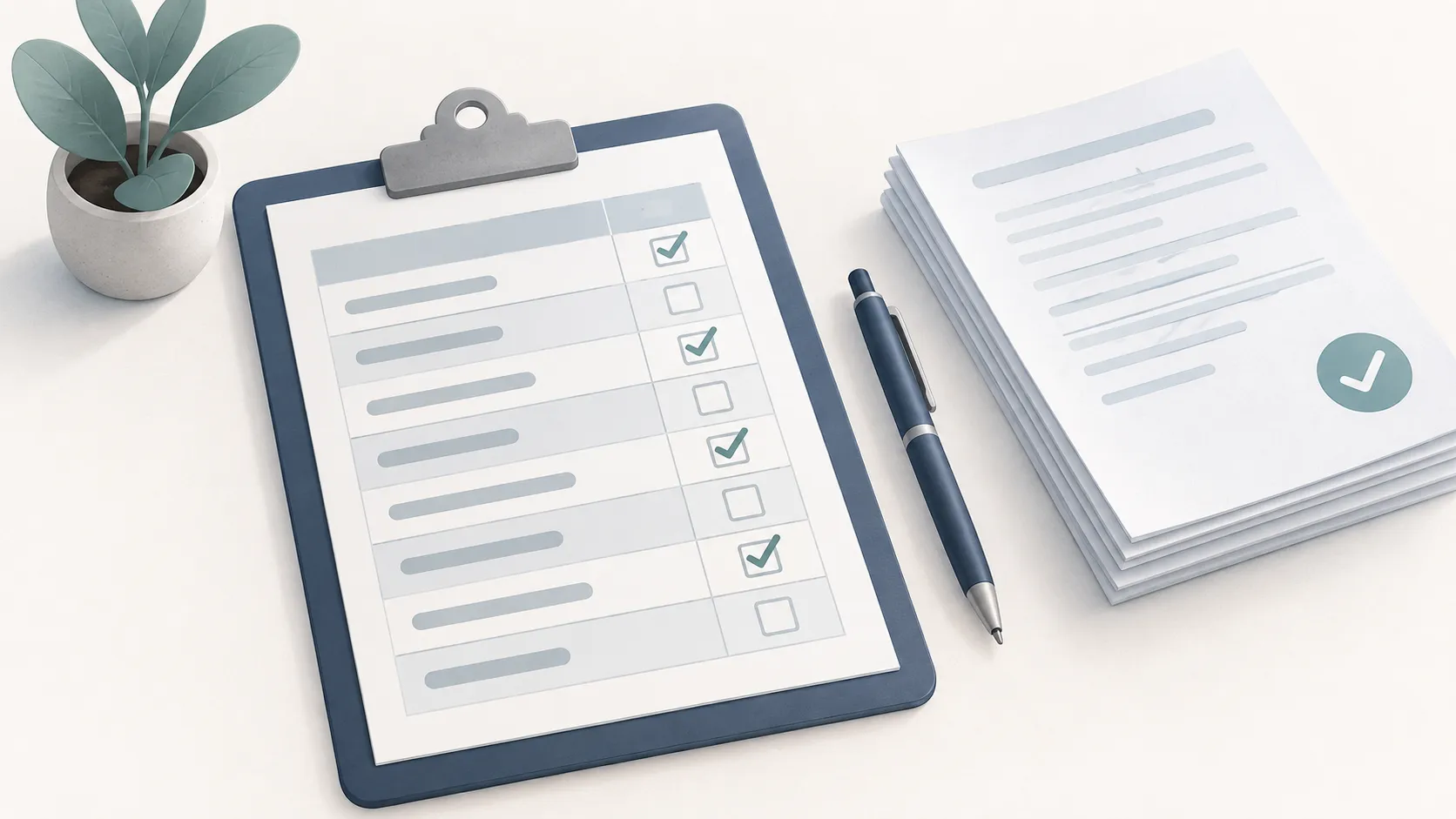 A clipboard with a printed assignment table and several boxes checked off, a pen and a stack of finished papers.