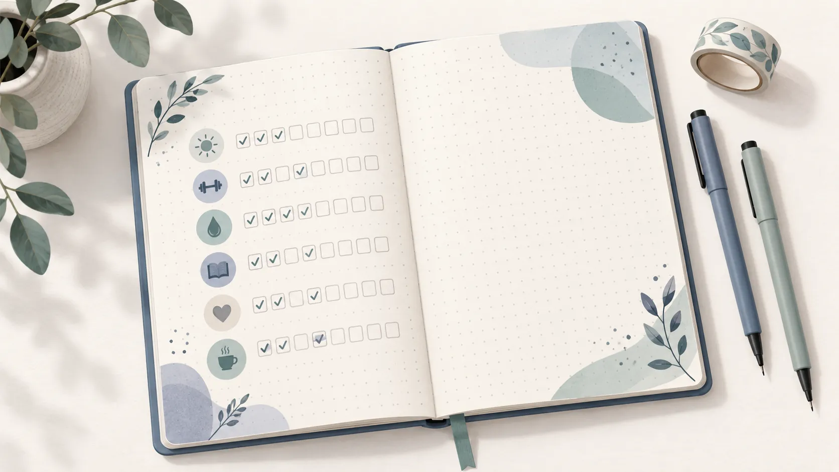 An open dot-grid journal with a habit tracker of small check boxes, two fine-liner pens and a roll of washi tape.