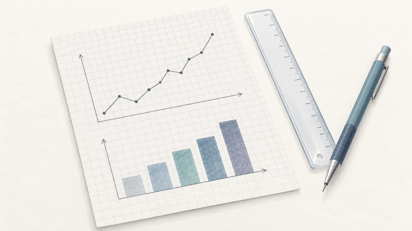 A sheet of graph paper with a hand-drawn line graph and bar chart, next to a clear ruler and a mechanical pencil.