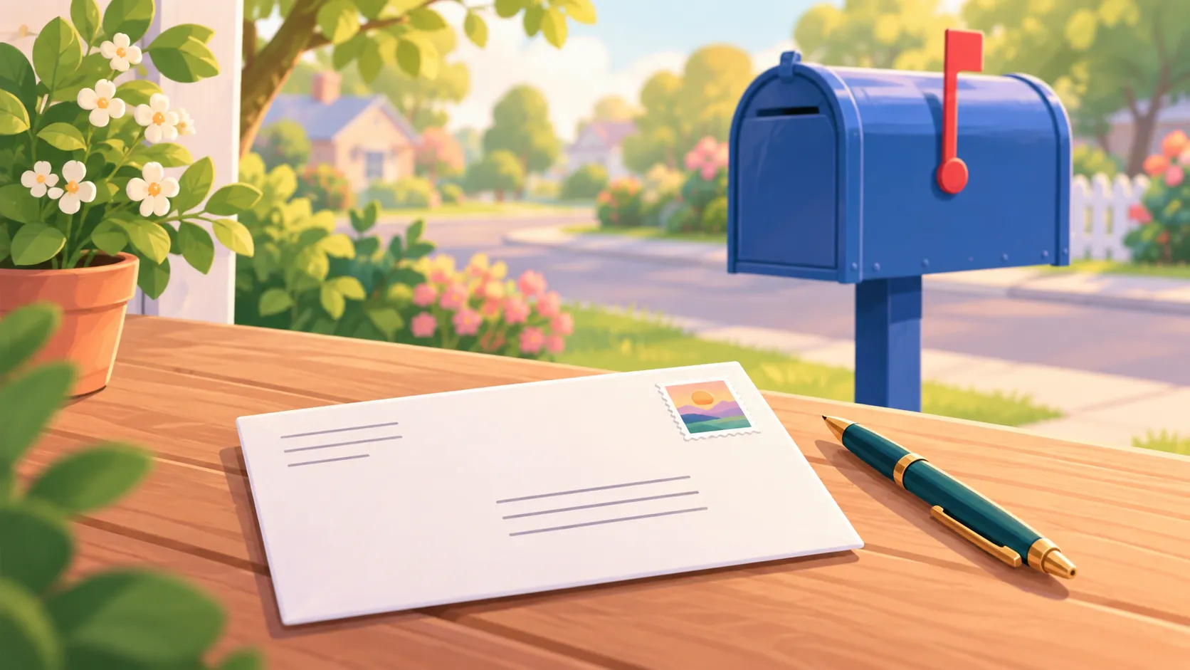 Illustration of a stamped envelope and a pen on a porch table, with a blue mailbox and a quiet street behind them.