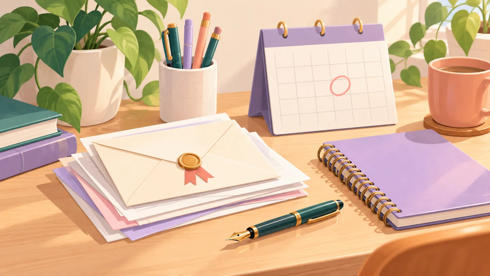 Illustration of a sealed envelope on a stack of papers, next to a fountain pen, a notebook and a desk calendar with one day circled.