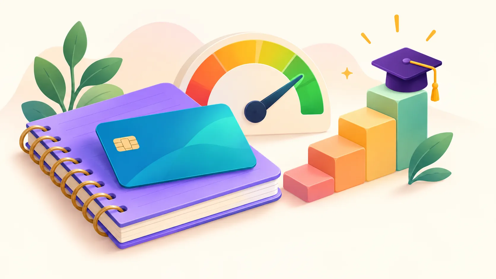 Illustration of a credit card on a notebook, a credit score gauge pointing to green, and rising blocks topped with a graduation cap.