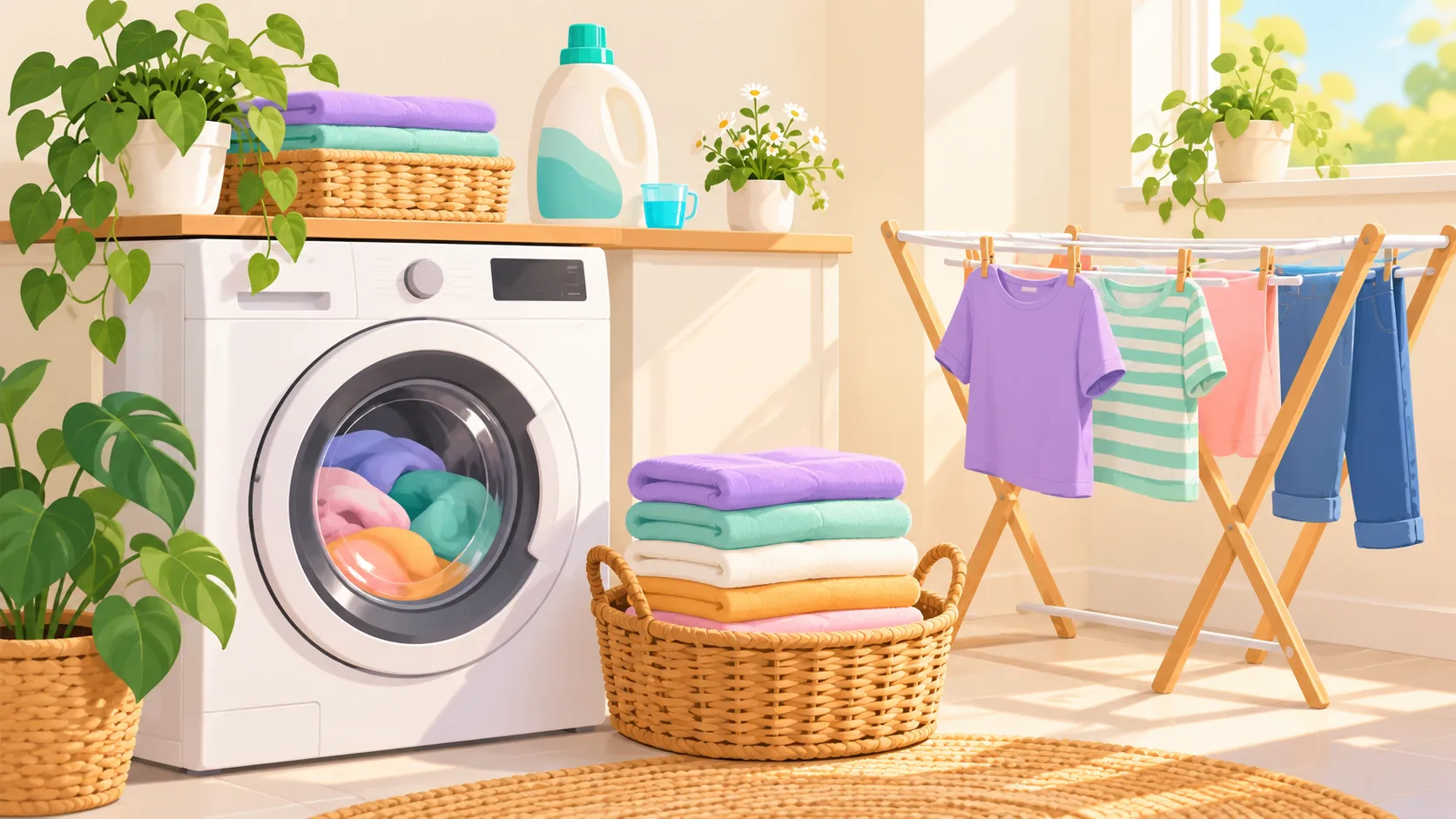 Illustration of a bright laundry room with a front-loading washer, a basket of folded towels, a detergent bottle and clothes drying on a rack.