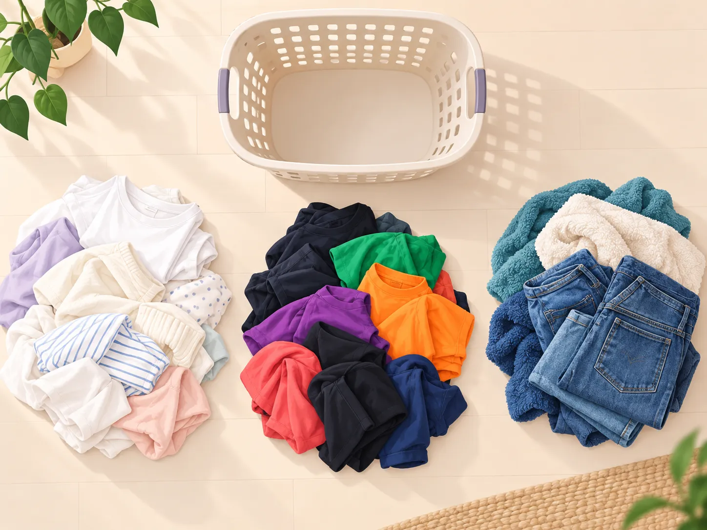 Illustration of laundry sorted on the floor into three piles: whites and light colors, darks and bright colors, and towels and jeans, beside an empty basket.