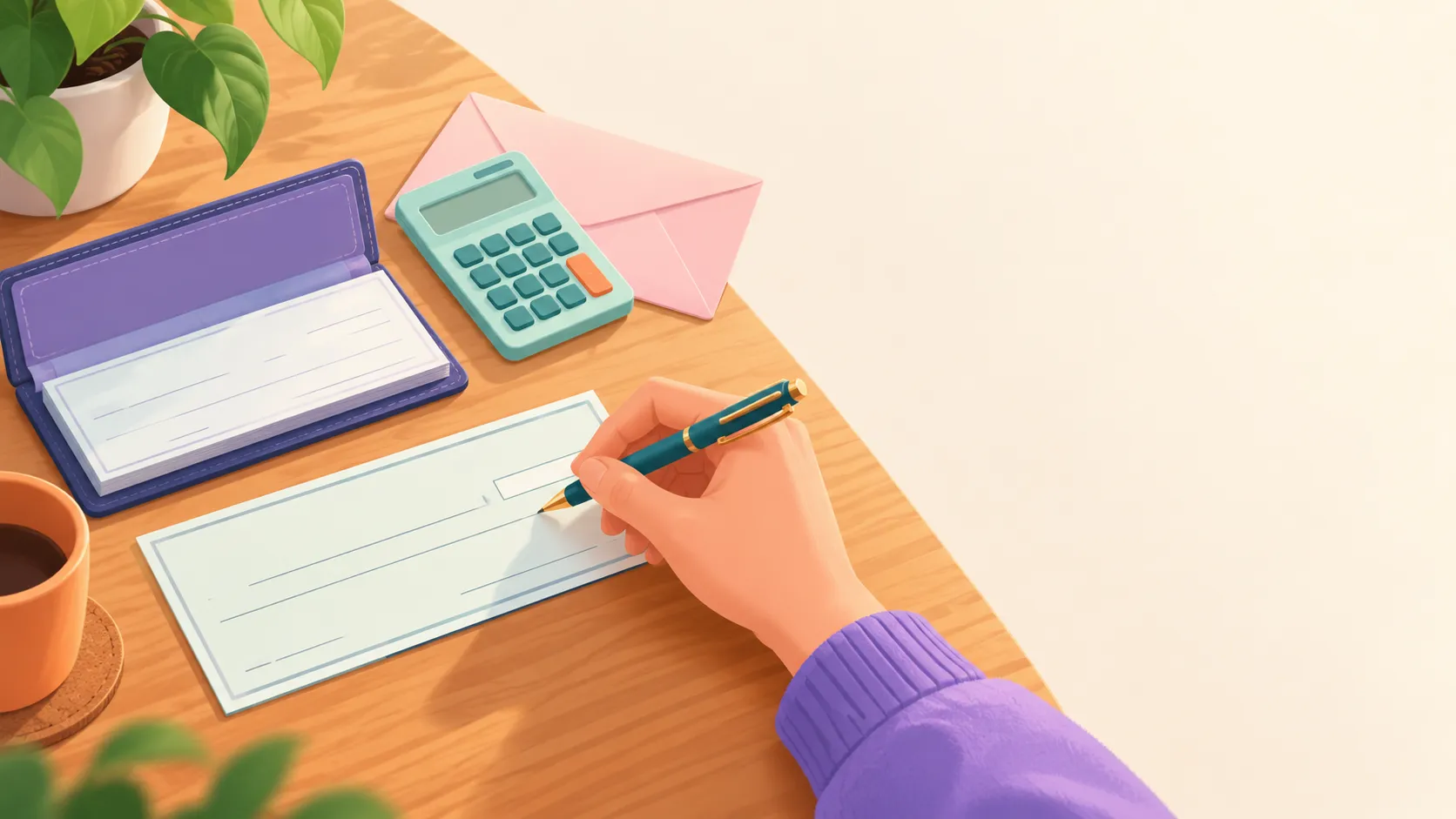 Illustration of a hand writing on a blank check at a wooden desk, next to an open checkbook, a calculator and a pink envelope.