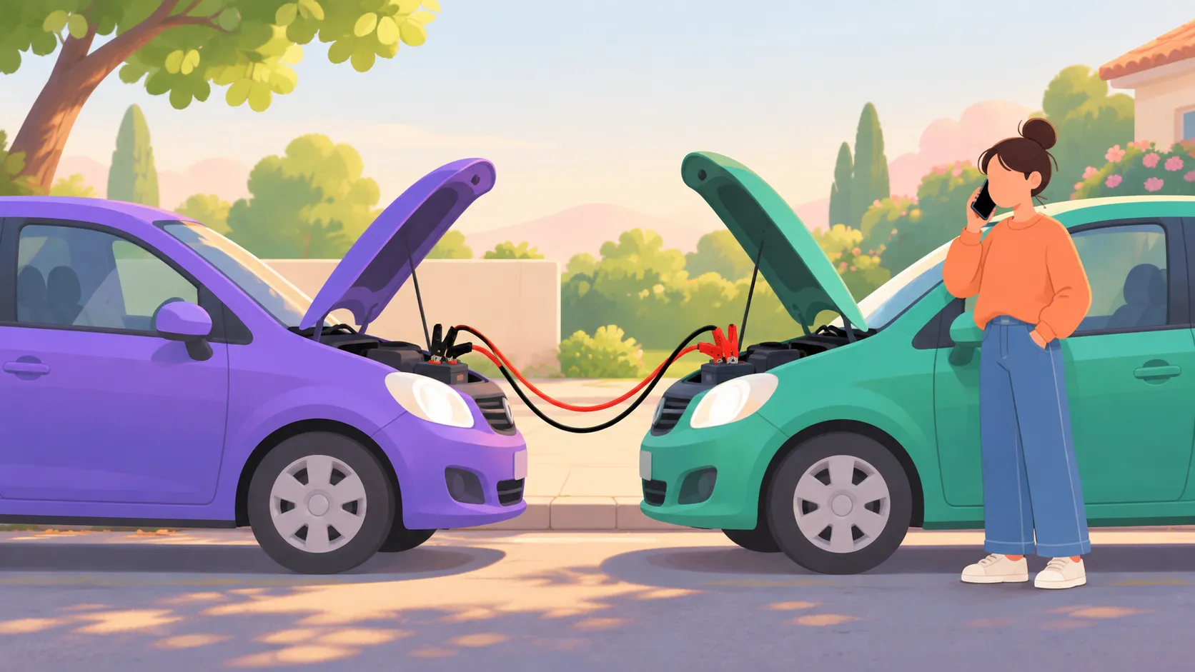 Illustration of two cars parked nose to nose with their hoods open, connected by red and black jumper cables, while a person makes a phone call.