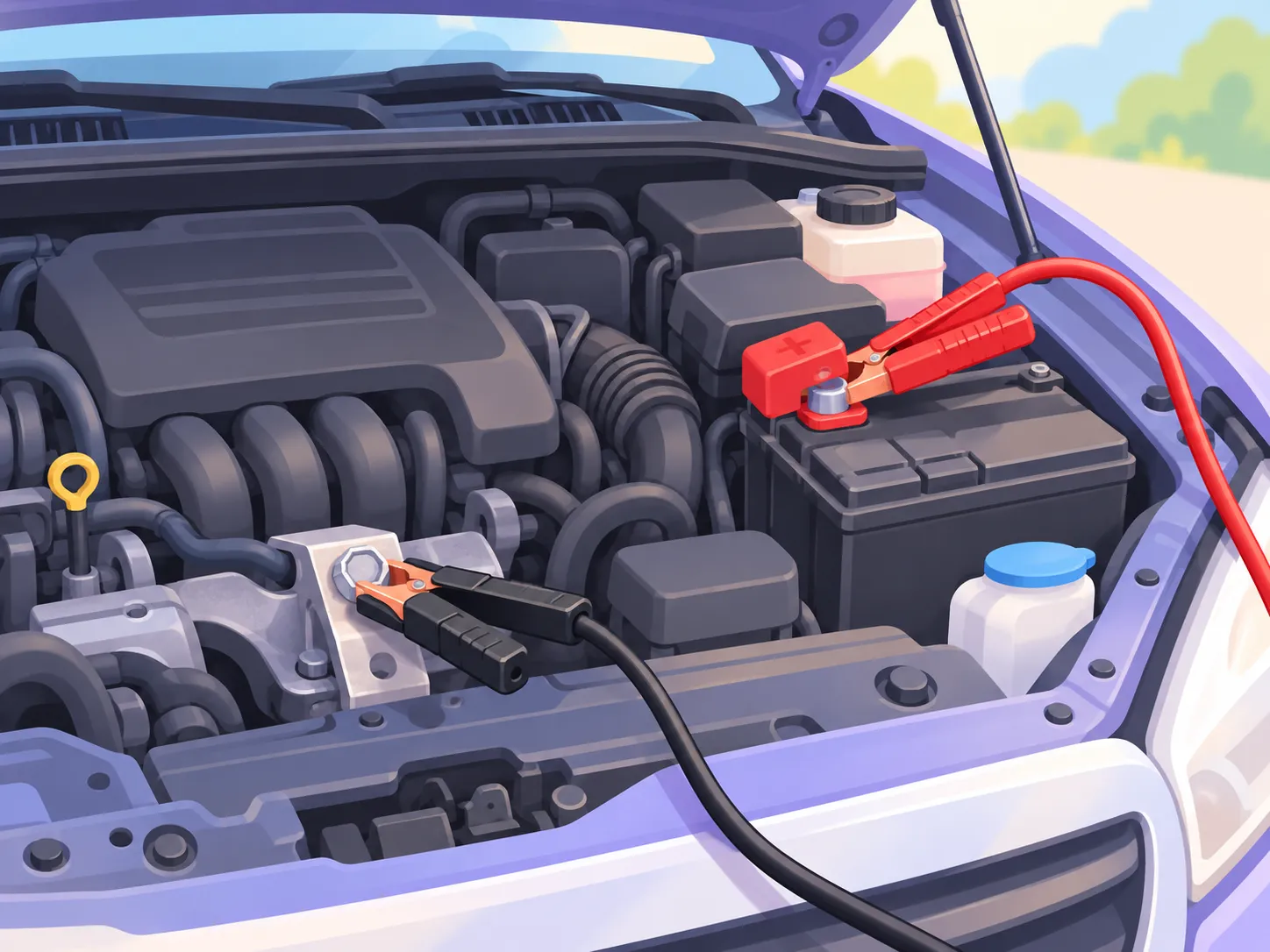 Illustration under an open hood: the red clamp on the battery’s positive post and the black clamp on a bare metal bracket on the engine, away from the battery.