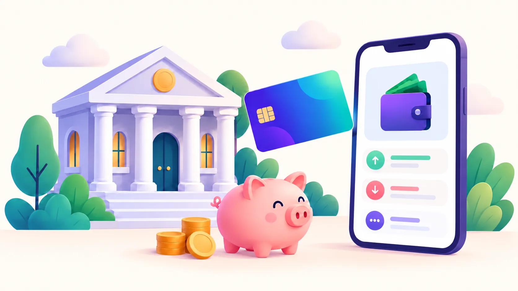 Illustration of a bank building, a debit card, a smiling piggy bank with a stack of coins, and a phone showing a banking app.