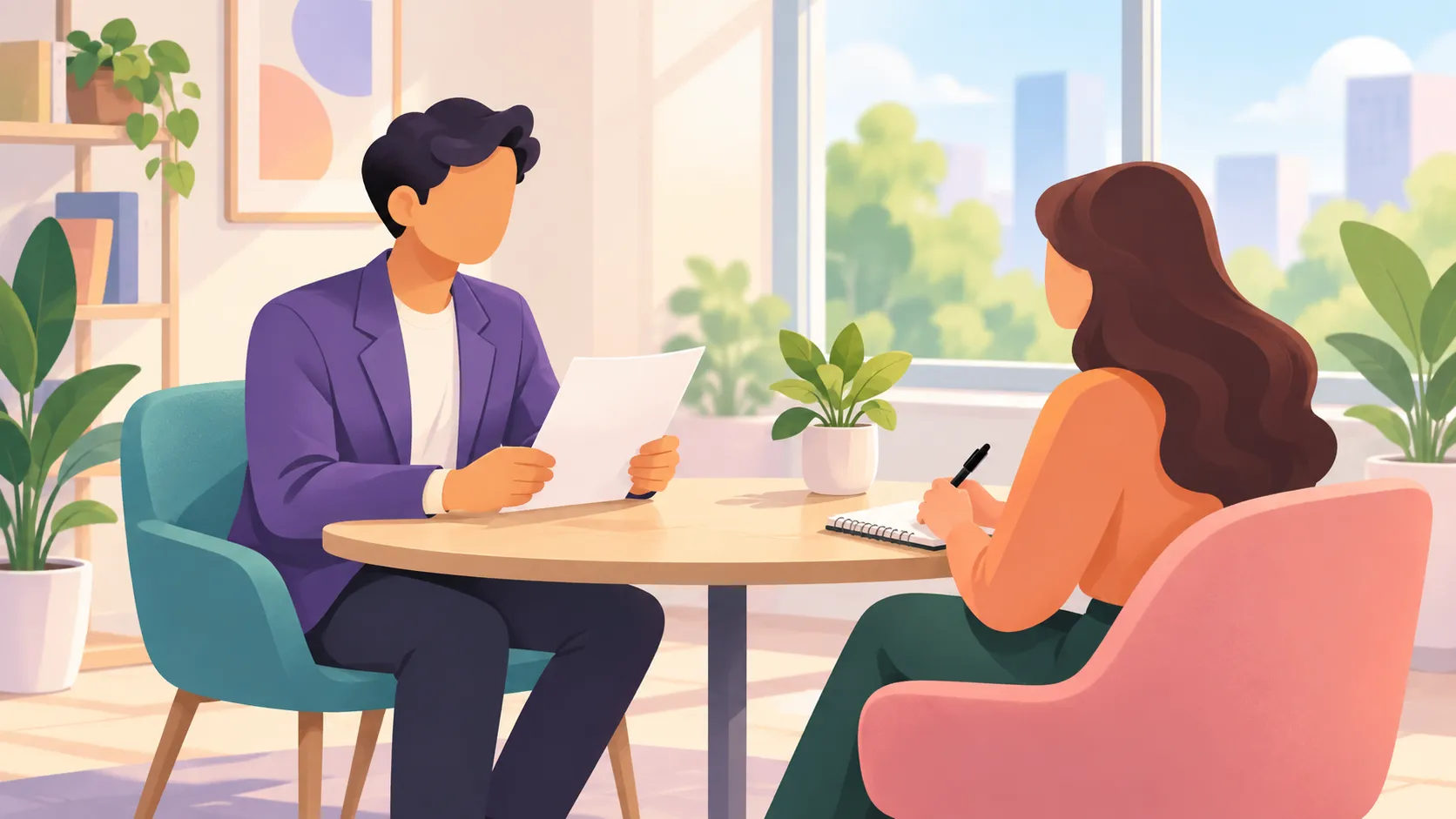 Illustration of a job interview at a small table in a bright office, one person reading a resume and the other taking notes.