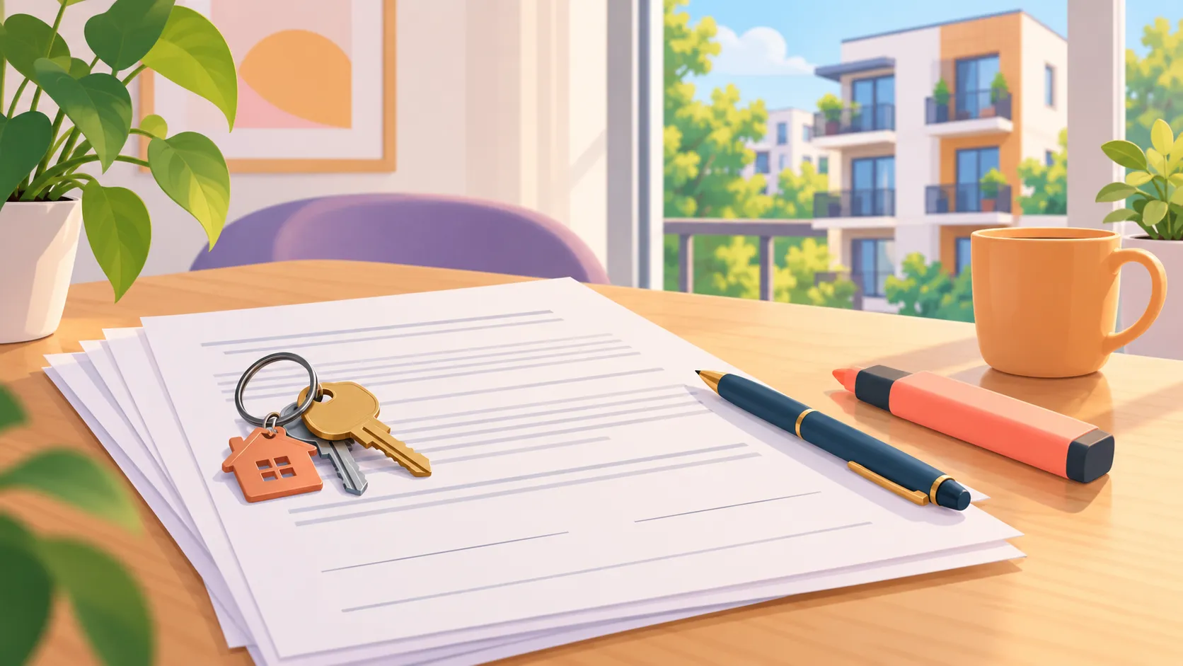 Illustration of a printed lease on a table with a set of keys, a pen and a highlighter, and an apartment building outside the window.