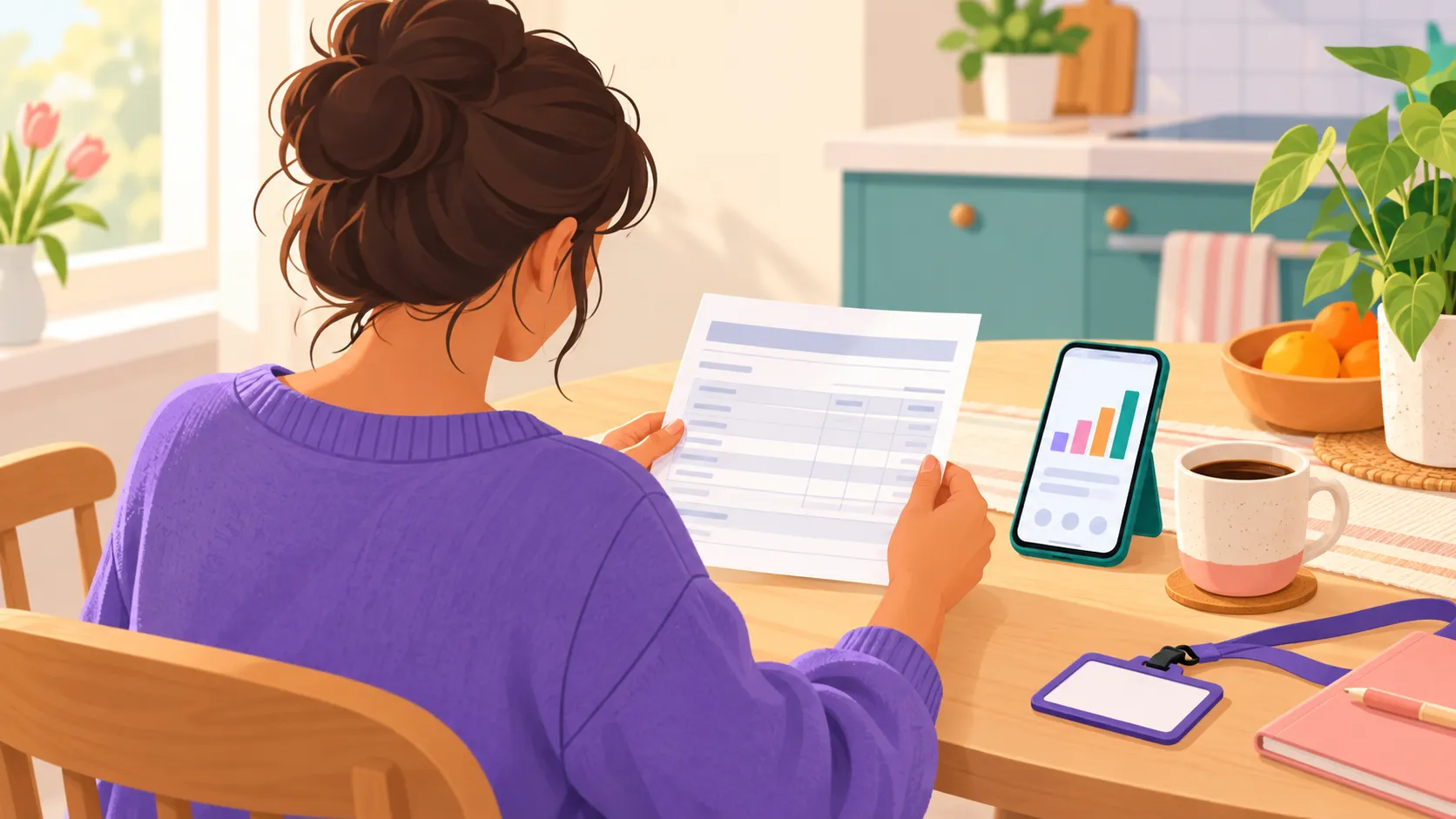 Illustration of a young woman at a kitchen table reading her pay stub, with a phone showing a bar chart, a coffee mug and a work ID badge beside her.