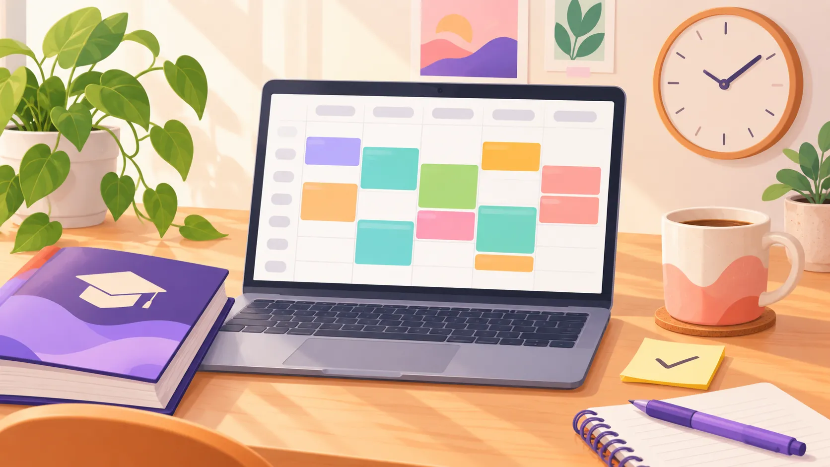 Illustration of a laptop showing a colorful weekly class schedule, with a course catalog, a coffee mug, a wall clock and a sticky note with a checkmark.