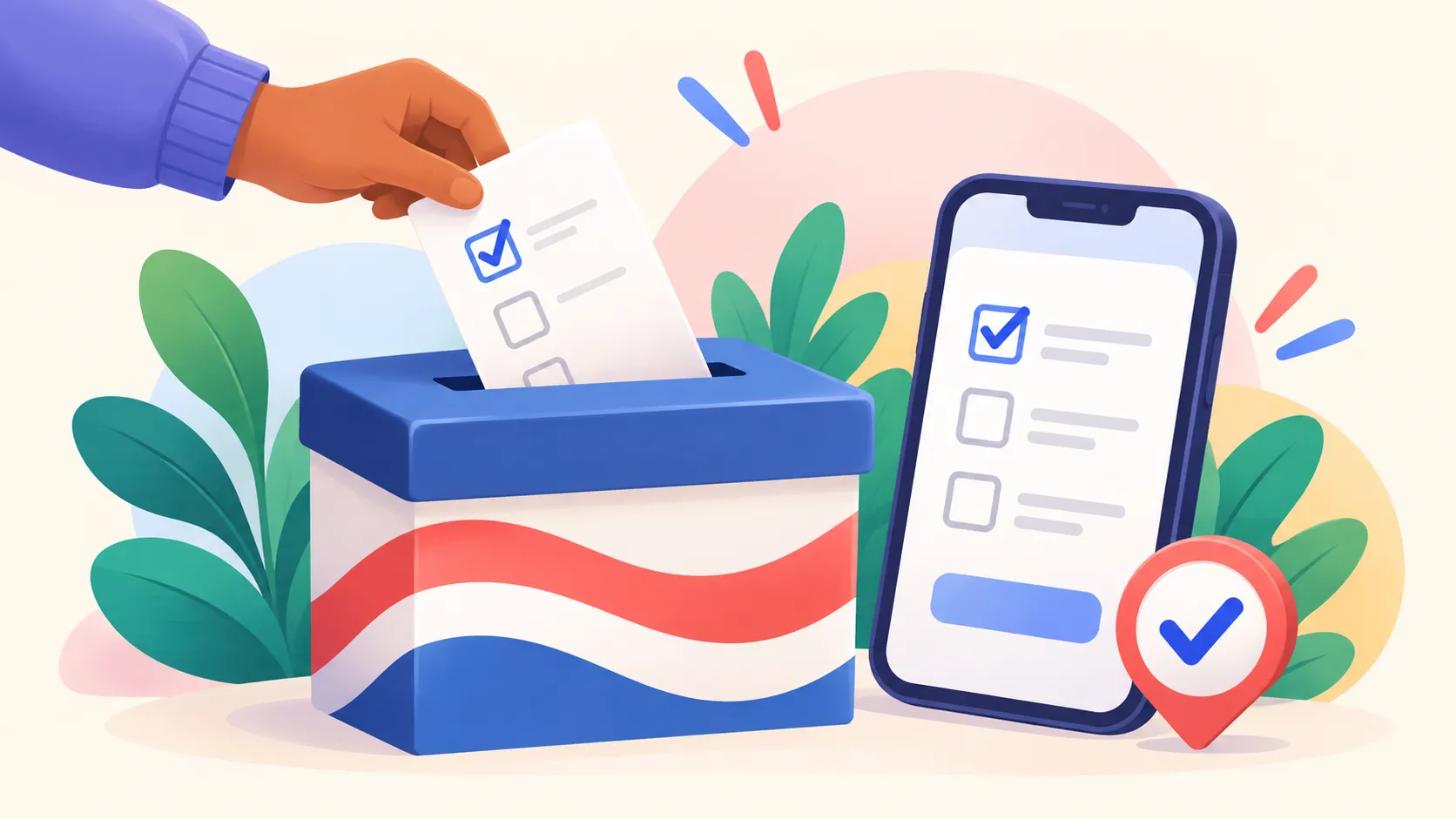 Illustration of a hand dropping a ballot into a red, white and blue ballot box, next to a phone showing a simple checkbox form.
