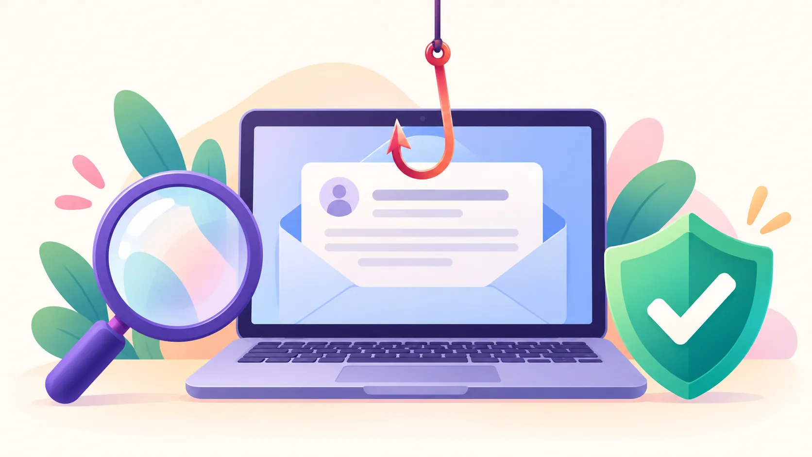 Illustration of a fishing hook reaching into an email on a laptop screen, with a magnifying glass on one side and a shield with a checkmark on the other.