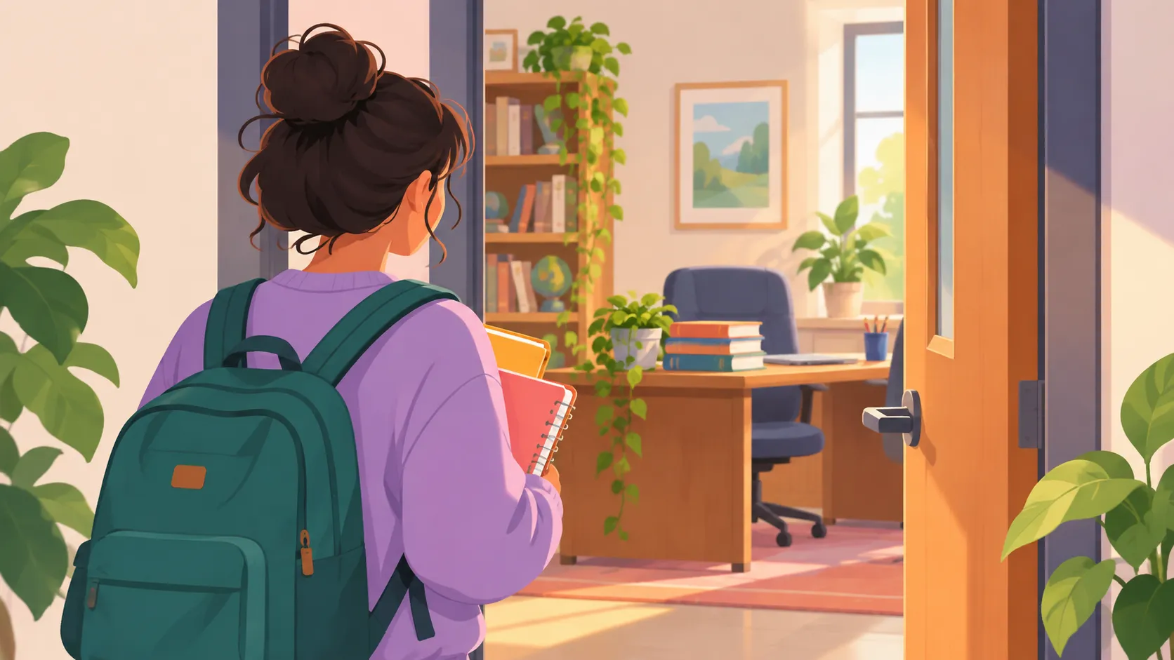 Illustration of a student with a backpack and notebooks standing at the open door of a professor’s office.