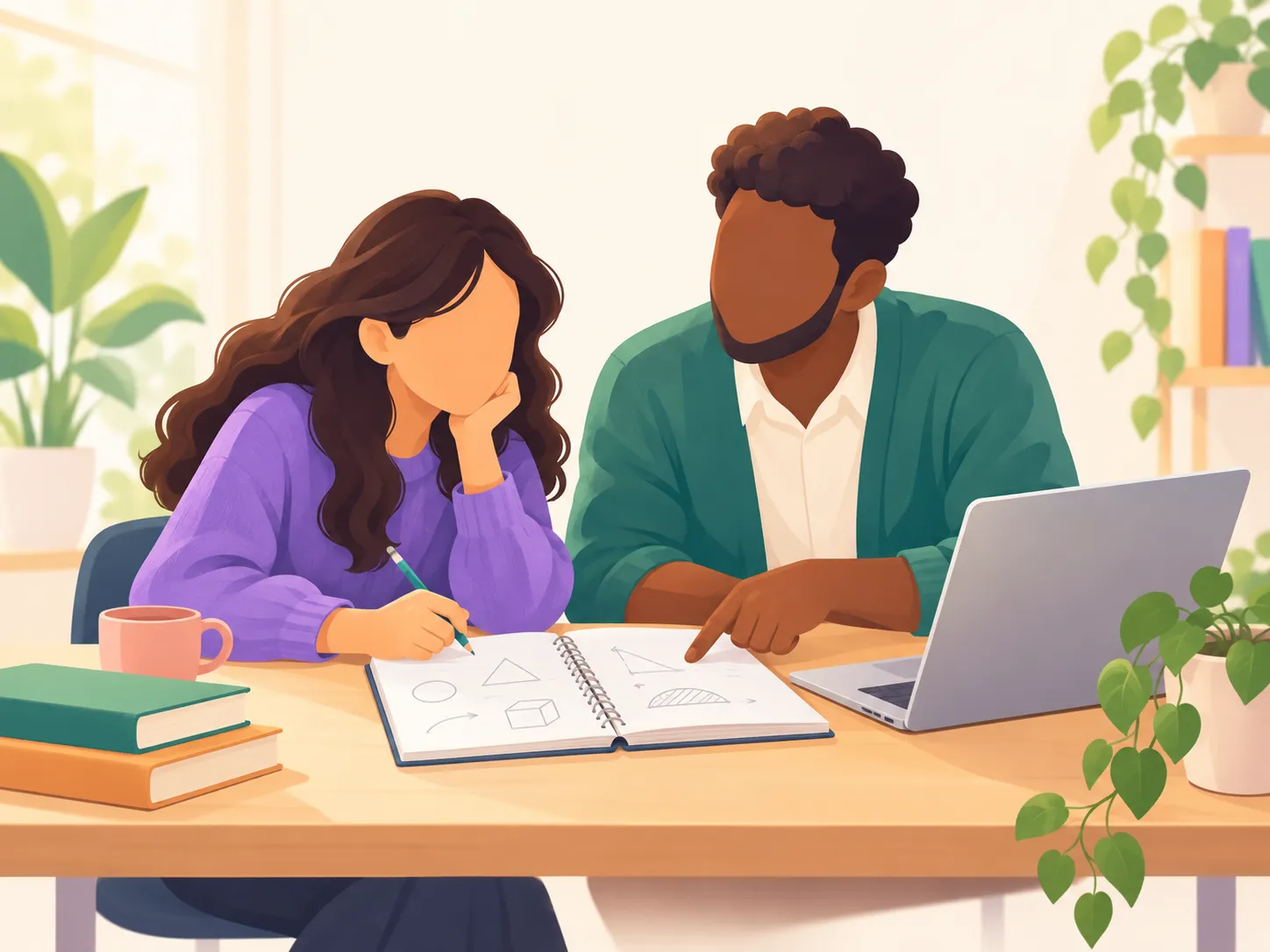 Illustration of a professor and a student sitting side by side at a desk, working through sketches in an open notebook.
