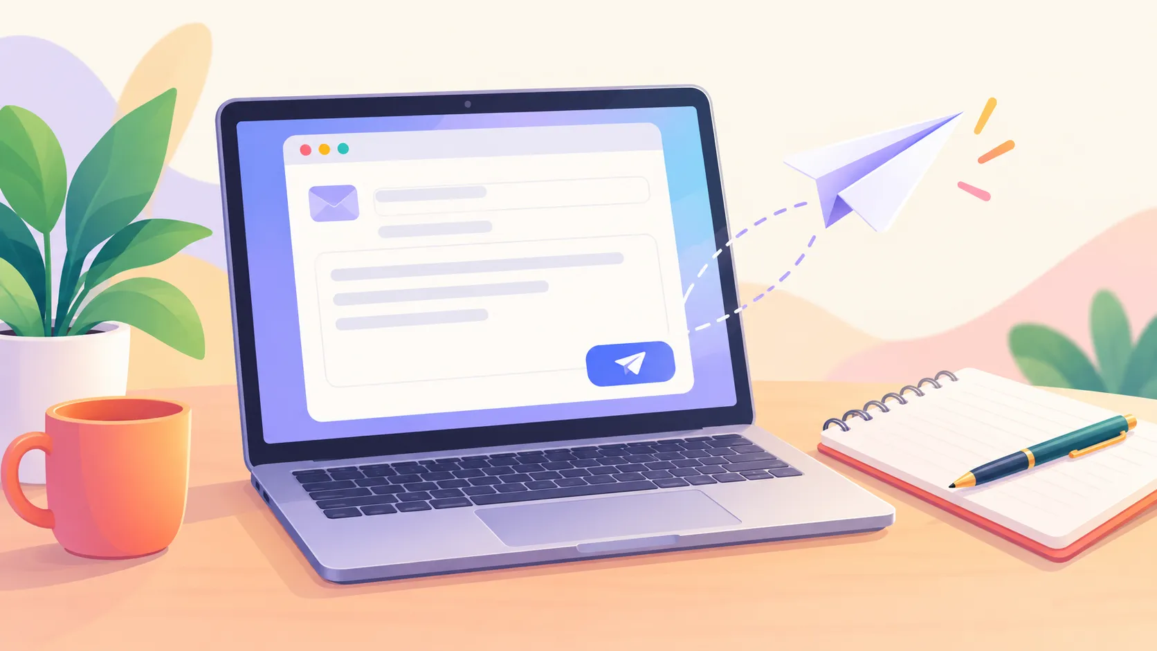 Illustration of a laptop with an email ready to send and a paper plane flying out of the screen, next to a mug and a notebook.