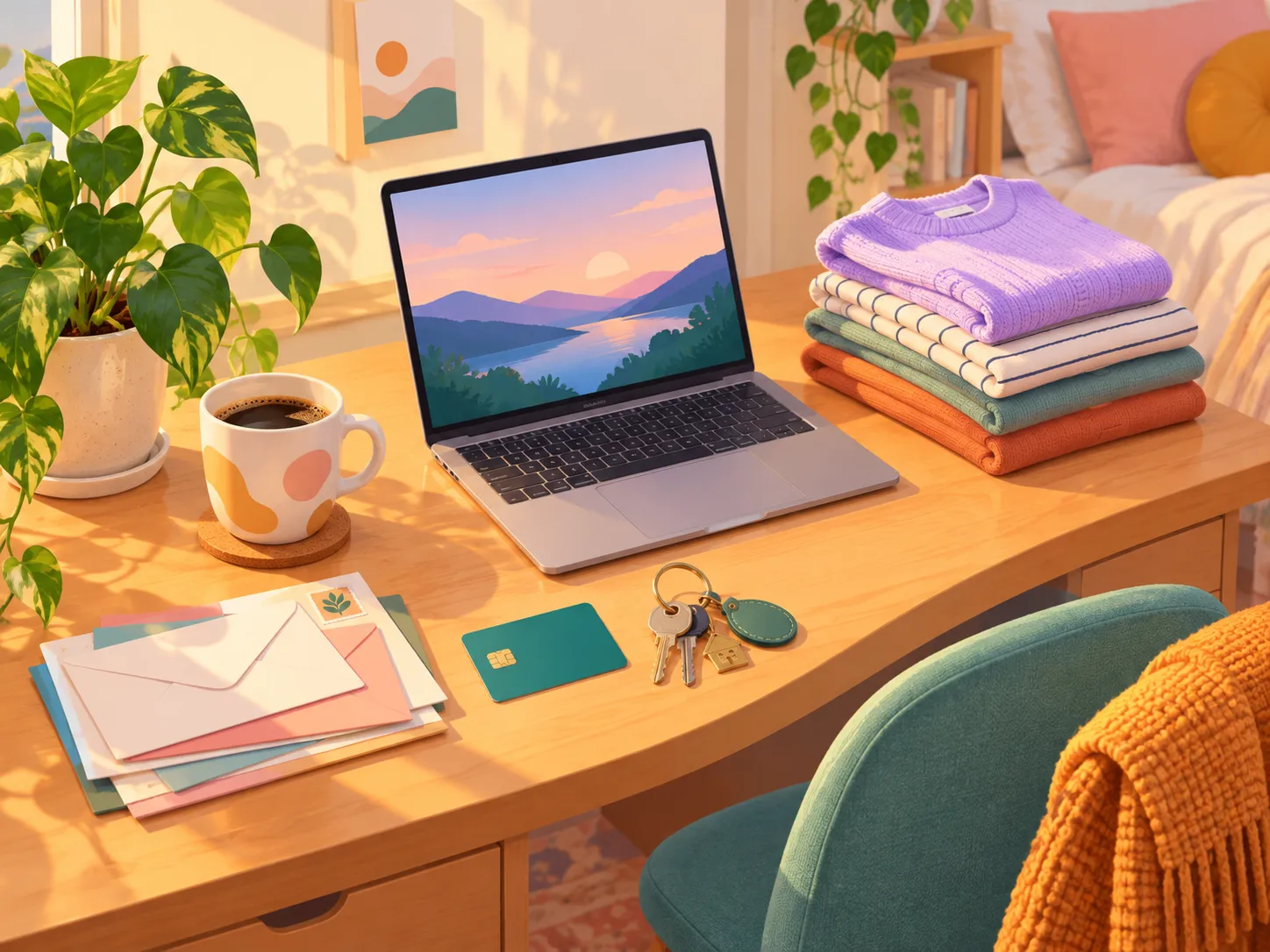 Illustration of a sunny first-apartment desk with a laptop, a coffee mug, a stack of mail, a debit card, a set of keys and a pile of folded sweaters.