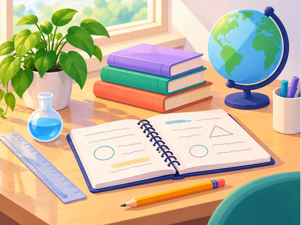 Illustration of a sunny study desk with an open spiral notebook, a stack of books, a desk globe, a ruler, a round glass flask, a pencil and a potted plant.