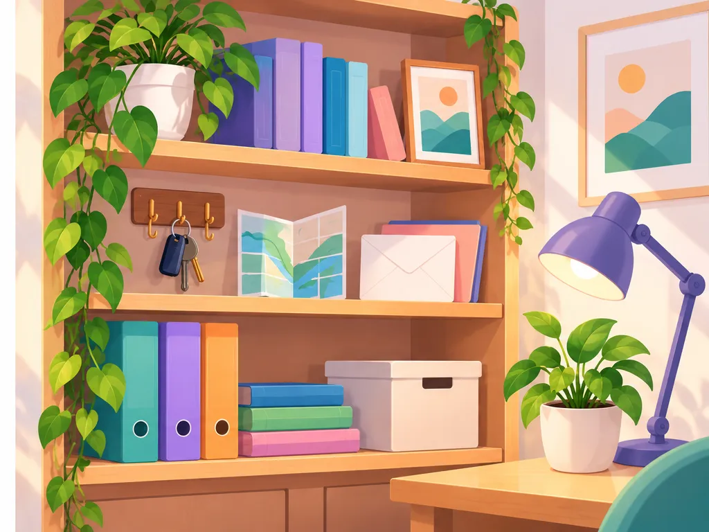 Illustration of a tidy bookshelf beside a desk, with colorful binders and books, a key hook with keys, a folded map, an envelope, a desk lamp and trailing plants.