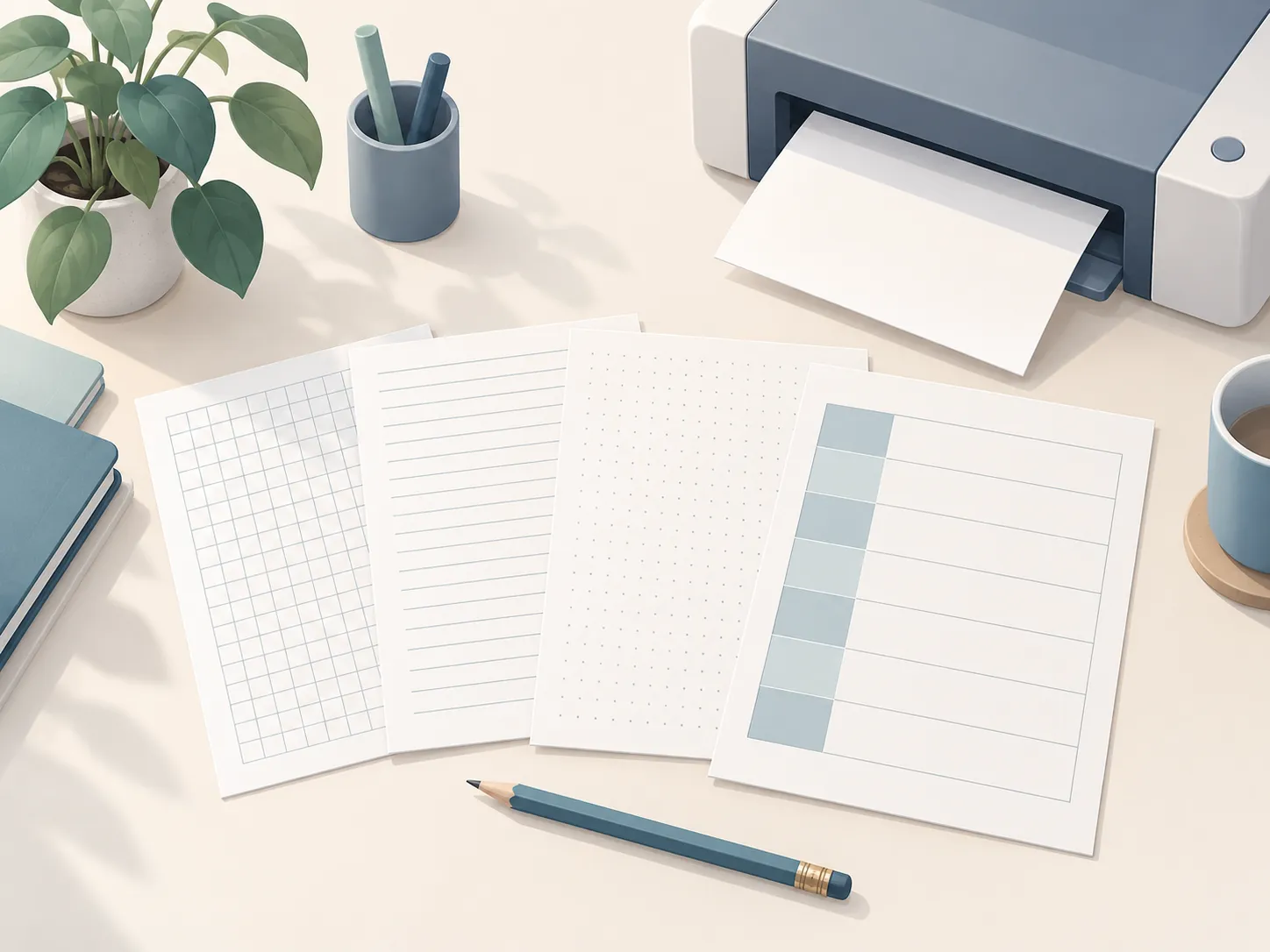A tidy desk with printed grid, lined, dot-grid and planner sheets fanned out, a printer with a fresh page, a pencil and a plant.