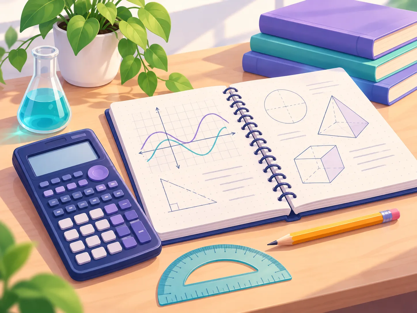 A tidy study desk with a scientific calculator, a notebook of graphs and geometric shapes, a beaker of blue liquid, a protractor, a pencil, a stack of books and a plant.