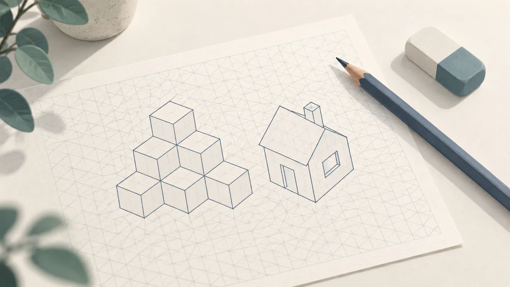 Isometric grid paper with a drawing of stacked cubes and a small house in 3D, a pencil and an eraser.