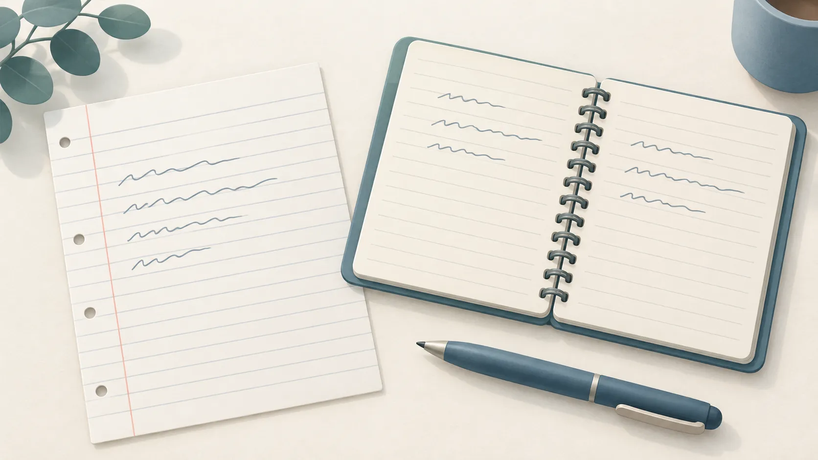 A loose sheet of ruled paper with a red margin line and a few lines of writing, beside an open spiral notebook and a pen.