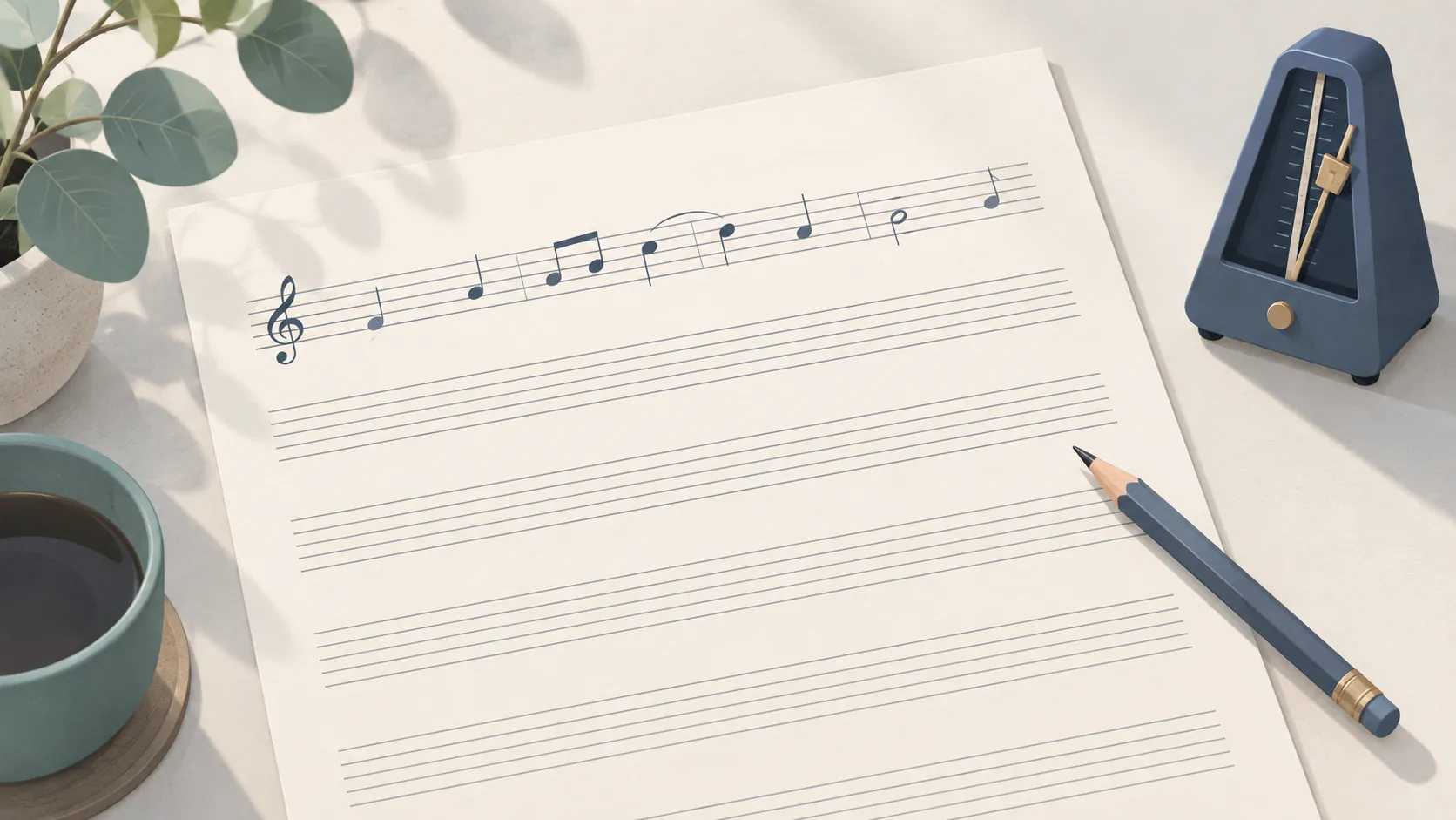 A sheet of music staff paper with a few notes written on the top staff, a pencil, a metronome and a cup of coffee.