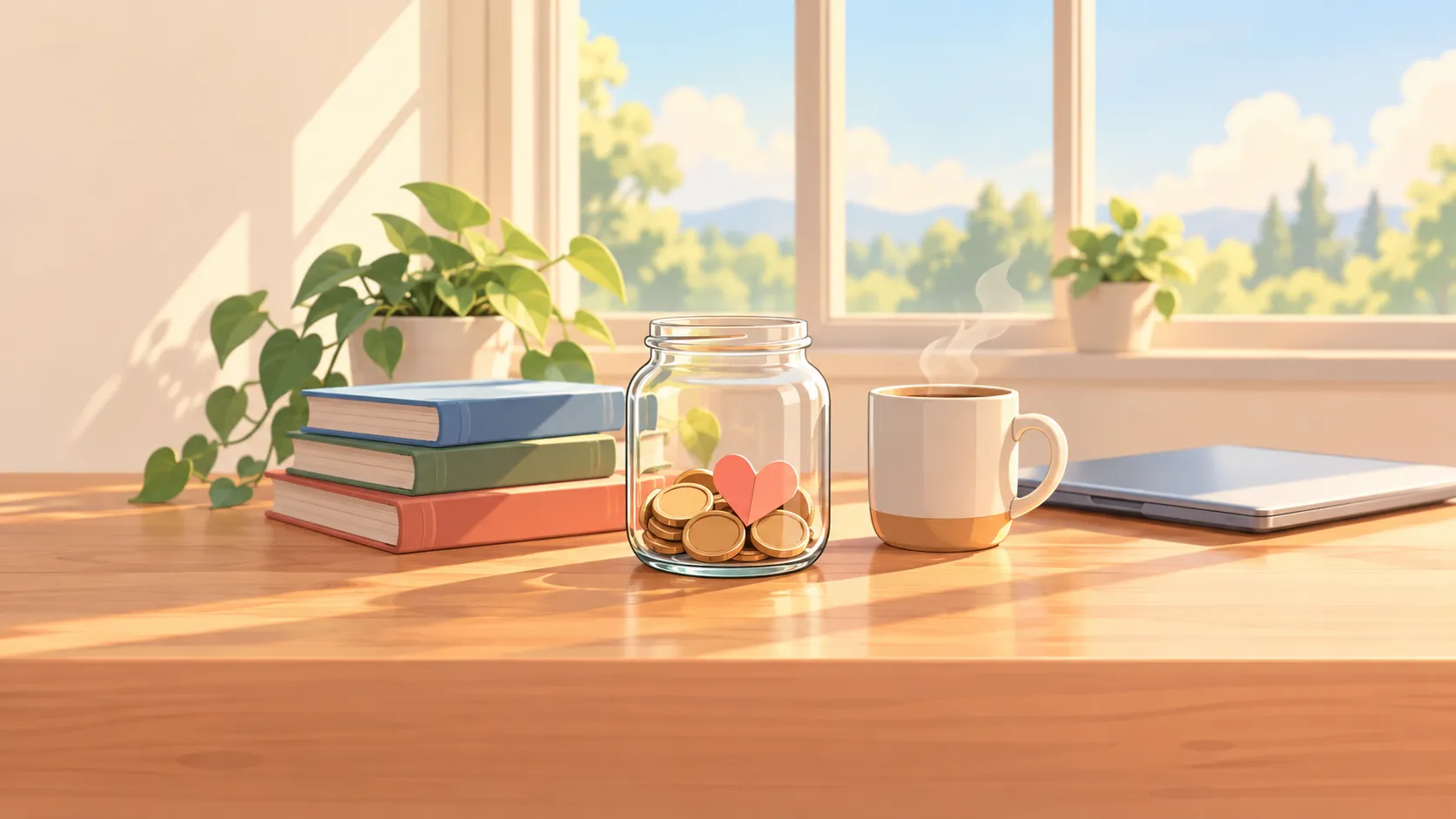 A glass tip jar holding coins and a paper heart on a sunny wooden desk, between a stack of books and a mug of coffee, with a plant, a closed laptop and a bright window behind.