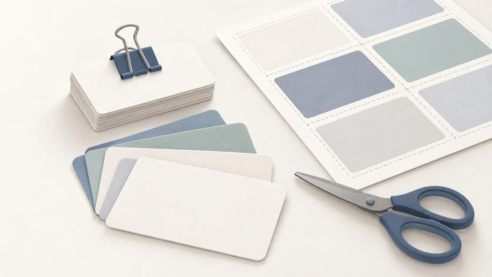 A clipped stack of blank study cards, a few loose cards fanned out, scissors and a printed sheet of cards with dashed cut lines.