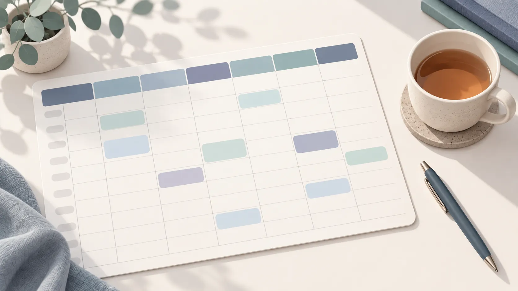 A printed weekly planner with a few time blocks shaded in, beside a cup of tea and a pen.